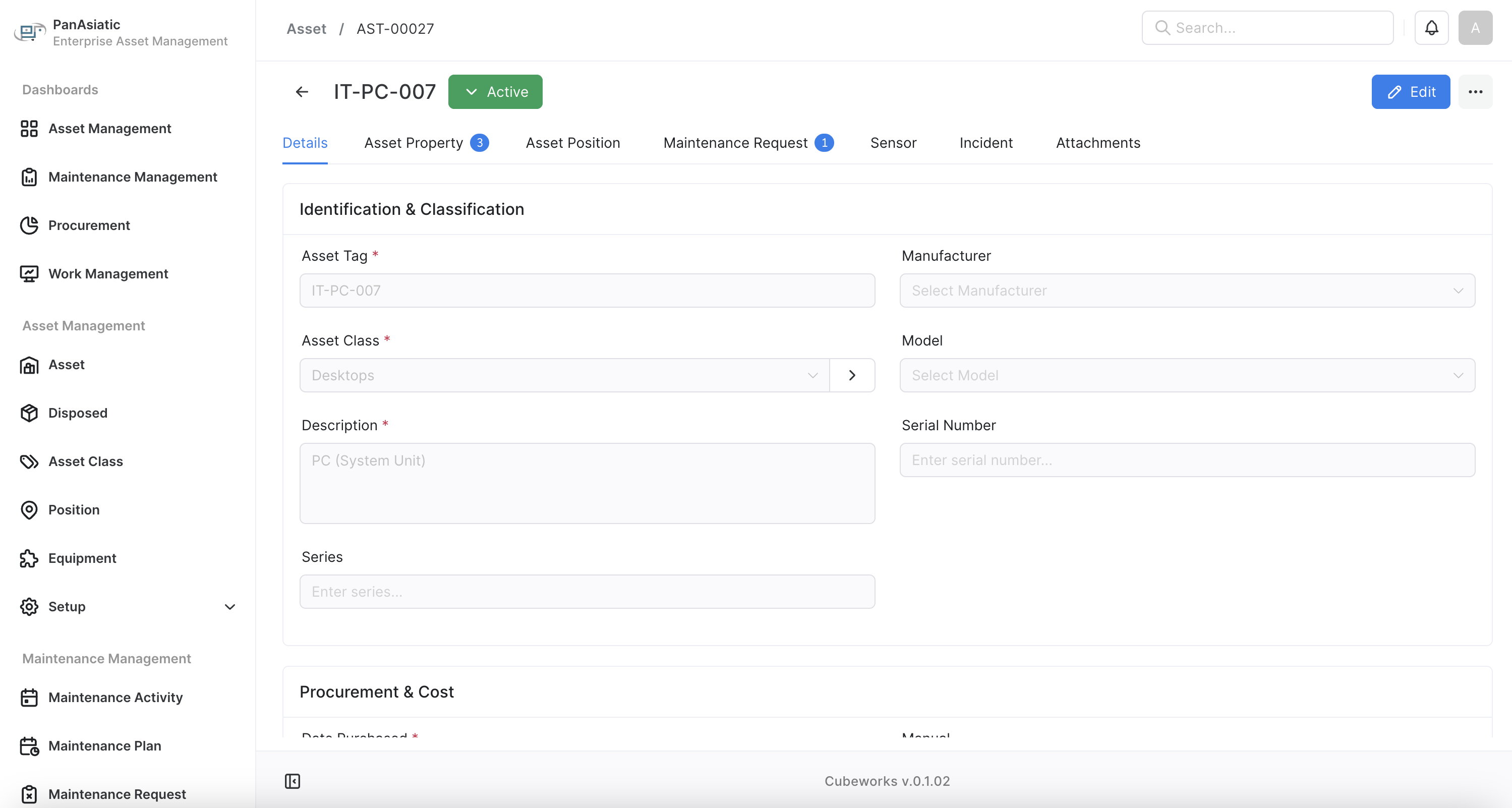 CubeEAM Asset Classification